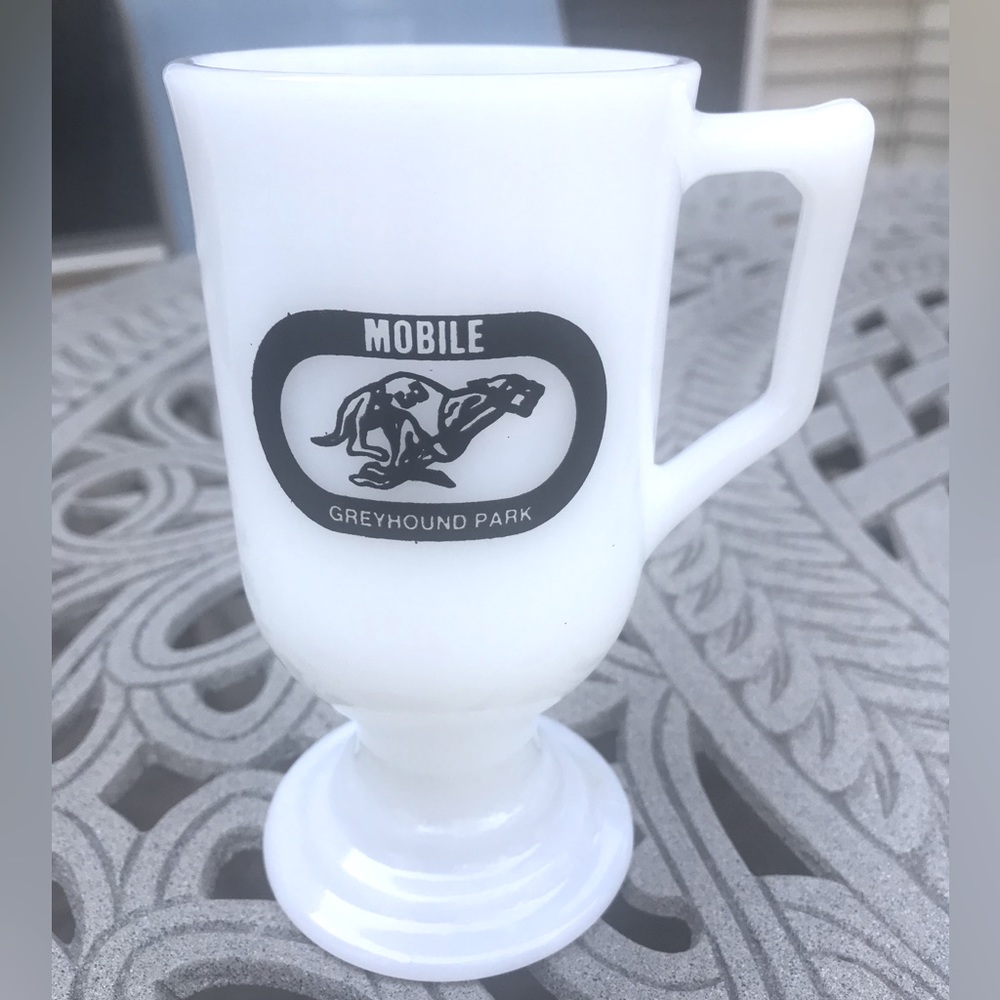 Vintage Mobile Greyhound Park Souvenir Milk Glass Mug
